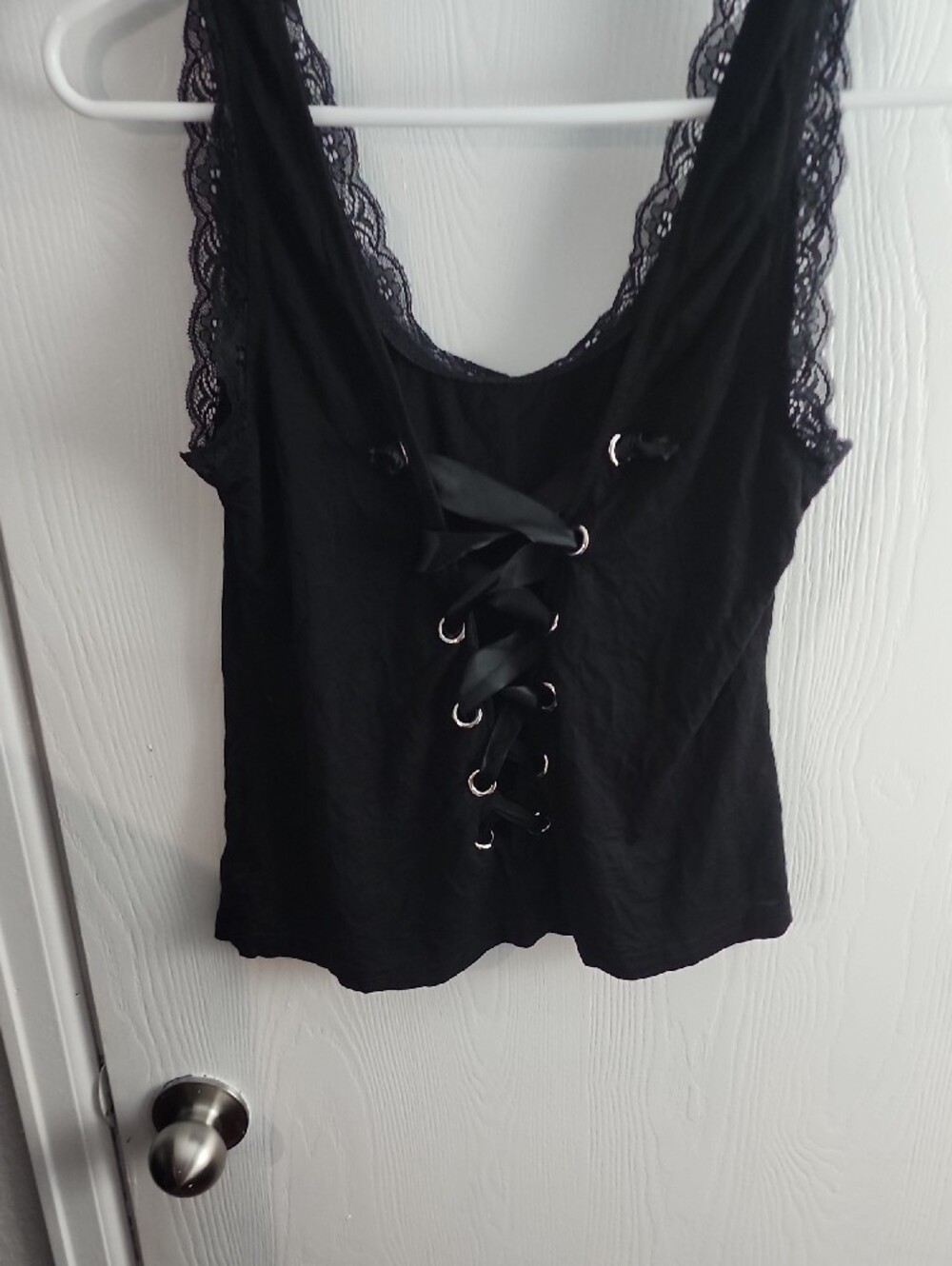 Black Lace-Trim Lace-Up Tank Top - Picture 6 of 6